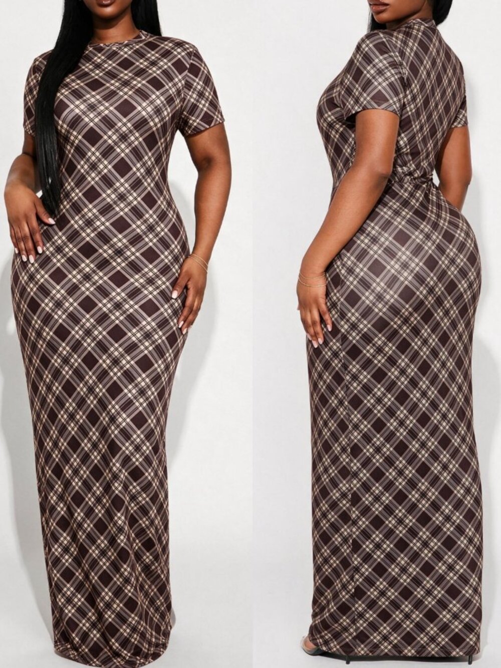 Brown plaid Women's Plus Size Casual short sleeve maxi Dress